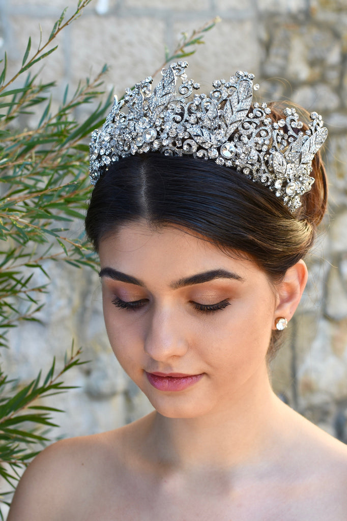 A High Tiara full of hundreds of tiny crystals worn by a dark haired Bride in a garden