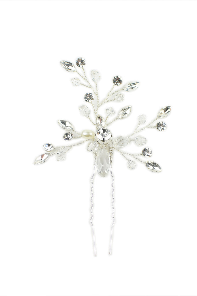 A small Bridal Hairpin with Swarovski White Opal and pearl in silver on a white backdrop