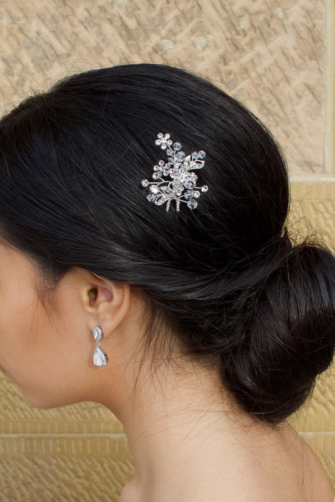 Silver and Swarovski Crystal Hair Pin worn by a dark haired bride